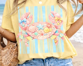 Summer Crab PNG, Girly Preppy Beach Design, Pink Coastal Stripe (Digital Download)