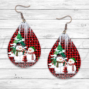 Snowman Earring, Red Plaid Glitter Sublimation Earring Designs Template, Earring Blanks Design, Teardrop Earring PNG, Digital Download