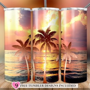 Beach Sunset Palm Tree Tumbler PNG, Summer Ocean Wrap Sublimation Design (Digital Download) image 1