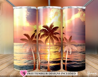 Beach Sunset Palm Tree Tumbler PNG, Summer Ocean Wrap Sublimation Design (Digital Download)