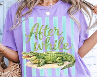 Crocodile PNG, Girly Preppy Alligator Design, Pink Coastal Stripe (Digital Download)