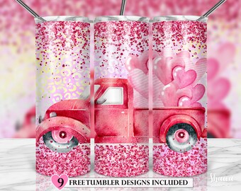 Pink Valentine Truck Tumbler Wrap: Glitter Love Design (PNG Digital Download)