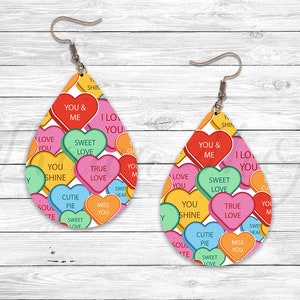 Valentines Day Candy Hearts Earring, Sublimation Earring Designs Template, Earring Blanks Design, Teardrop Earring PNG, Instant Download