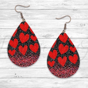 Valentine Earring, Red Hearts Glitter Sublimation Earring Designs Template, Earring Blanks Design, Teardrop Earring PNG, Digital Download