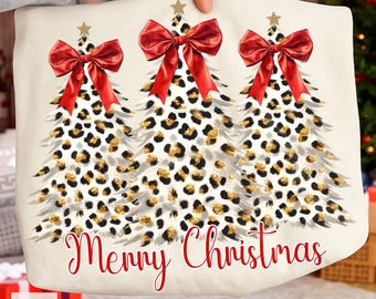 Leopard Christmas Tree PNG, Coquette Bow Xmas Design, Trendy Holiday Shirt (Digital Download)