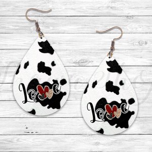 Valentines Day Cowhide and Buffalo Plaid Print Heart Sublimation Designs, Earring Blanks Design, Teardrop Earring PNG, Digital Download
