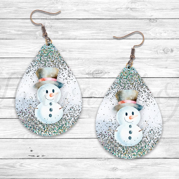 Sneeuwpop sprankelende oorbel, winterkerstmis, sublimatie oorbel ontwerpsjabloon, oorbel blanks ontwerp, Teardrop Earring PNG-bestanden