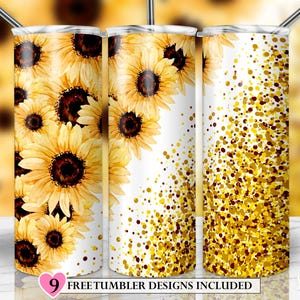 Glitter Sonnenblume Tumbler Designs, 20 Unzen Skinny Tumbler Sublimation, Sonnenblume Tumbler für gerade / konische Becher PNG Datei Digitaler Download