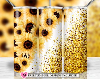 Glitter Sonnenblume Tumbler Designs, 20 Unzen Skinny Tumbler Sublimation, Sonnenblume Tumbler für gerade / konische Becher PNG Datei Digitaler Download