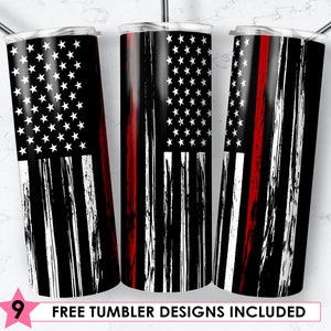 20oz Skinny Tumbler Sublimation Designs American Flag Thin Red Line for Straight and Tapered Tumbler PNG File Digital Download