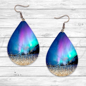 Northern Lights Night Sky Sparkle Sublimation Earring Designs Template, Earring Blanks Design,Teardrop Earring PNG, Instant Digital Download