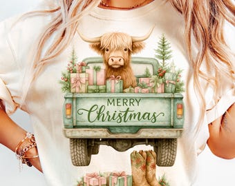 Green Christmas Highland Cow PNG Merry Christmas Sublimation (Digital Download)