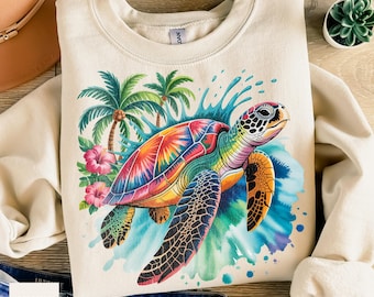 Sea Turtle & Tropical Flowers PNG: T-Shirt Sublimation Design (Digital Download)