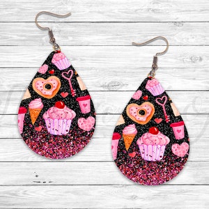 Sparkle Valentines Earring, Pink Cupcake Sublimation Earring Designs Template, Earring Blanks Design, Teardrop Earring PNG, Digital Download