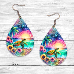 May include: A pair of teardrop-shaped earrings with a colorful image of a sea turtle swimming in the ocean at sunset. The earrings have a sparkly, glittery background and feature palm trees, flowers, and a beach scene.