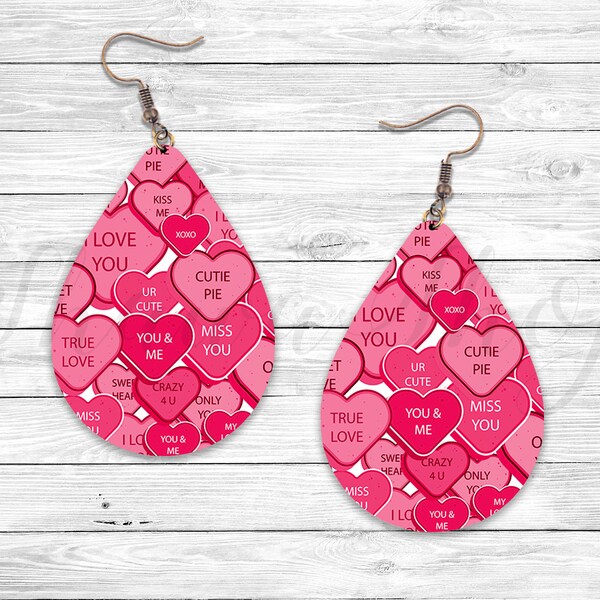 Pink Valentines Day Candy Hearts Sublimation Earring Designs Template, Earring Blanks Design, Teardrop Earring PNG, Instant Digital Download