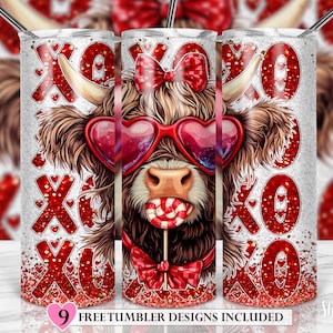 Vaso con diseño de vaca de las Tierras Altas con purpurina: Diseño XOXO para San Valentín (descarga digital PNG)
