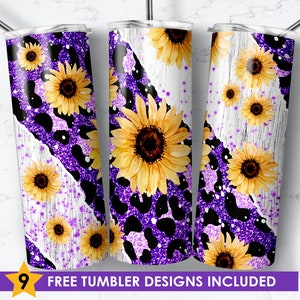 Seamless Sunflowers Purple Leopard Glitter 20oz Skinny Tumbler Sublimation Designs for Straight & Tapered Tumbler PNG File Digital Download