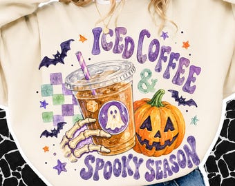 Spooky Season PNG, Preppy Halloween Shirt Graphic, Iced Coffee Png Girly Summer Shirt Png, Retro Checkered Sublimation Design