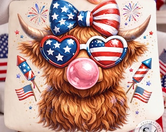 Highland Cow Patriotic USA Flag PNG (Digital Download)