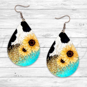 Western Cow and Sunflower Sublimation Earring Designs Template, Earring Blanks Design, Teardrop Earring PNG, Instant Digital Download
