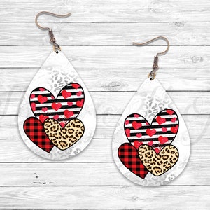 Buffalo Plaid Cheetah Hearts, Valentines Sublimation Earring Designs Template, Earring Blanks Design, Teardrop Earring PNG, Digital Download