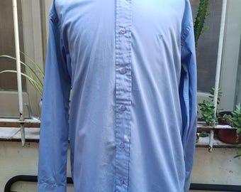 Vintage French Blue Button Up Shirt Classic Long Sleeve Cotton Top Minimalist Casual Blouse Retro Menswear Solid Blue Dress Shirt 42cm