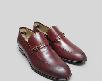 Vintage Oxblood Leather Loafers - Men's Handcrafted Italian Style Dress Shoes - Slip-On Formal Wedding Footwear - Burgundy Size 8 (EU 41)