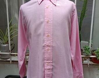 Vintage Pink White Gingham Shirt Mens Size 42 Tailored Micro Check Pattern Lightweight Button Down Classic Collar Blouse L