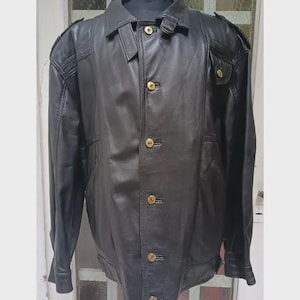 Vintage Black Leather Jacket: Heritage Button-Up Coat - Buckle Collar Detail - Structured Classic Fit - Size 54