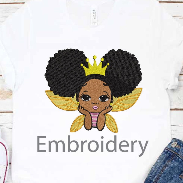 Stickdatei Fee Baby Mädchen weiß Krone Königin Prinzessin Peekaboo mit Puff Afro Pferdeschwanz Afro Haar Afro American Kids Design Machine