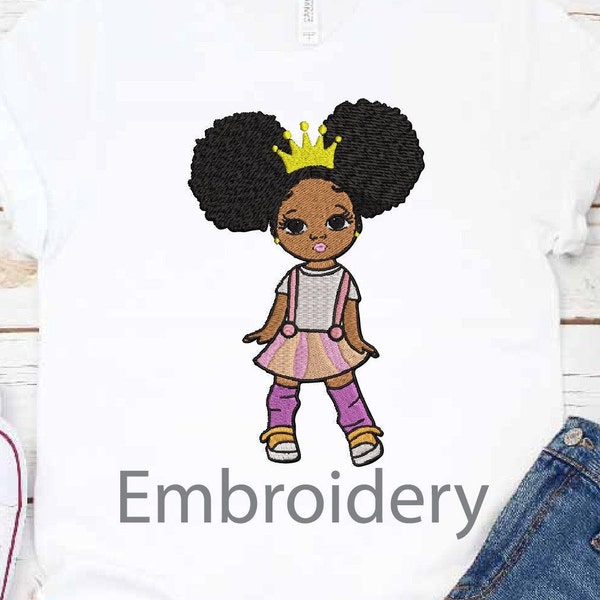 Embroidery Peekaboo girl with Crown puff afro ponytails Afro Hair African American kids Design Machine queen little princess