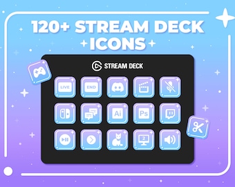May include: A collection of 120+ Stream Deck icons, displayed on a black background with a gradient blue and purple border. The icons include a game controller, live, end, Discord, film, mute, Nintendo Switch, chat, AI, Photoshop, Twitch, scissors, play, next, cat, monitor, and volume.
