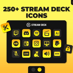 Peut inclure: Un Stream Deck noir et jaune avec 15 icônes, dont un bouton de lecture, un microphone, un chat et un cadenas. Le texte "STREAM DECK" est affiché en haut de l'appareil.