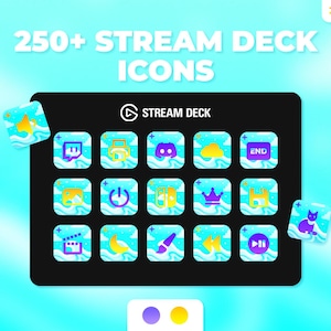 Può includere: Un set di oltre 250 icone colorate per Stream Deck, con una varietà di design, tra cui una campana, una nuvola, una corona, un gatto e un pulsante di riproduzione. Le icone sono visualizzate su uno sfondo nero con un logo "STREAM DECK" bianco.