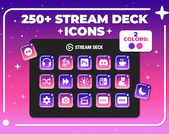 May include: A collection of 250+ Stream Deck icons in two colors, purple and pink. The icons are displayed on a black background with a white border. The icons include a play button, headphones, a coffee cup, a cat, a moon, and more.