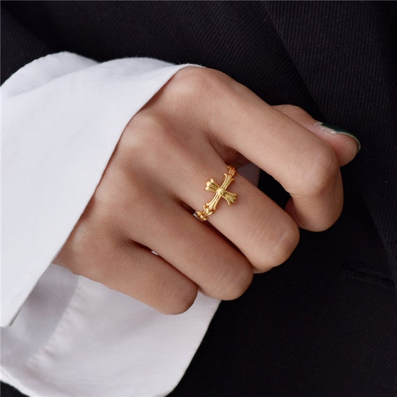 Vintage Cross Ring Stacking Ring Jesus Ring Gold Cross Ring