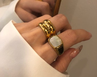 18K Gold Chunky White Shell Ring Thick Gold Ring Gold Mother of Pearl Ring Cigar Ring Cigar Band Wide Ring Gold Rings for Women