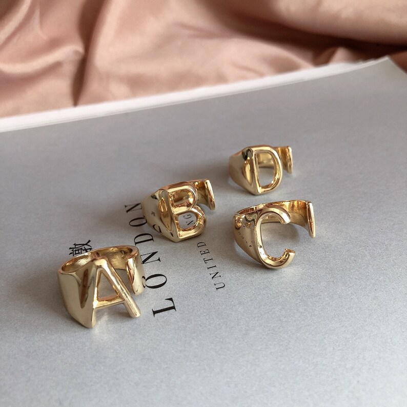18K Initial Gold Ring Alphabet Ring Gold Stacking Ring Etsy