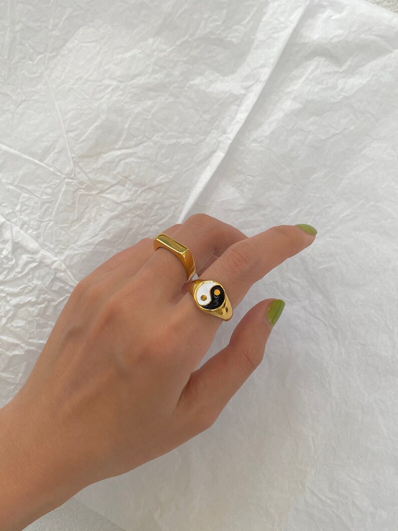 Yin Yang Ring Signet Ring D Ring Gold Stacking Rings Gold Dome image 0