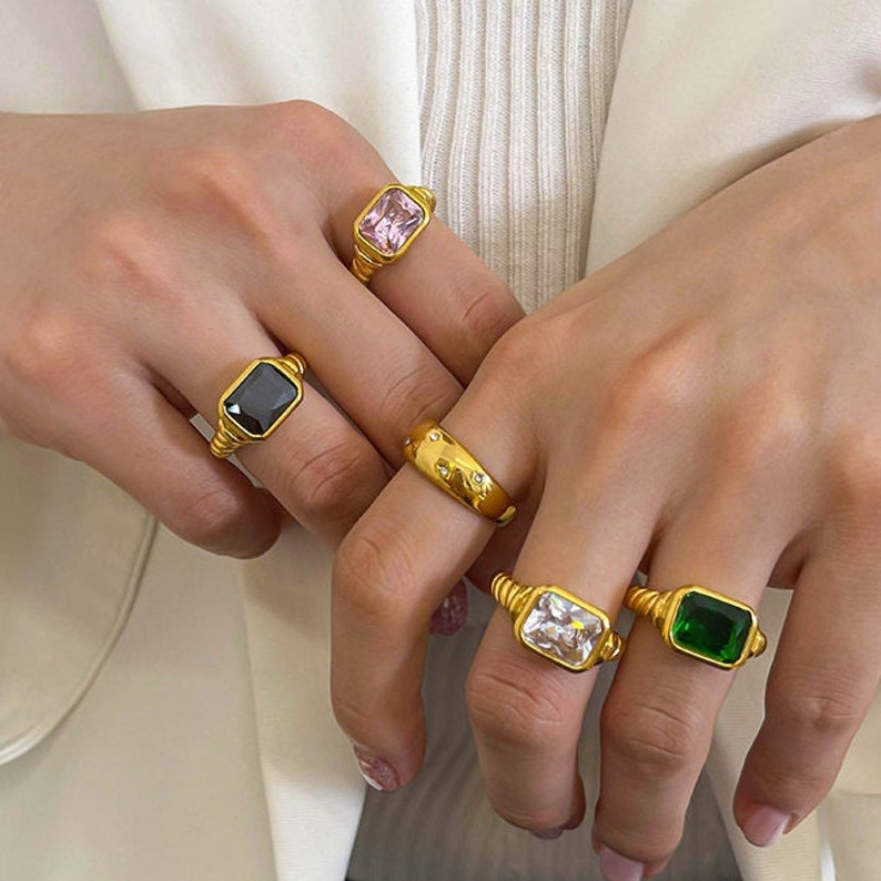 Chunky Gold Rings With Gemstone 18K Gold Plated 4 Color Etsy