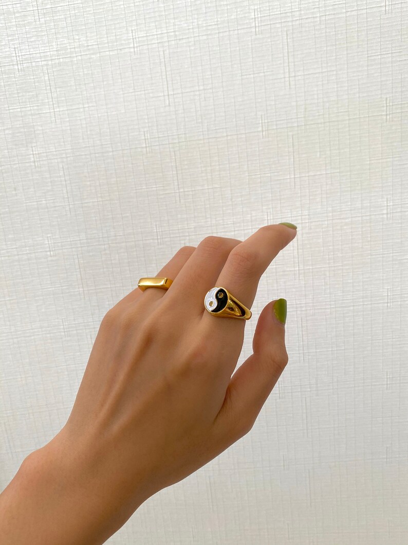 Yin Yang Ring Signet Ring D Ring Gold Stacking Rings Gold Dome image 1