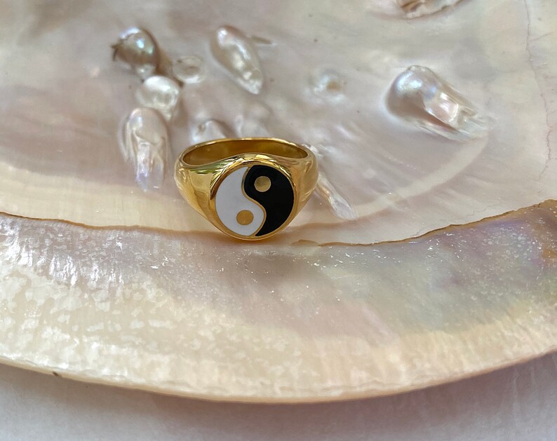 Yin Yang Ring Signet Ring D Ring Gold Stacking Rings Gold Dome Yin Yang Ring