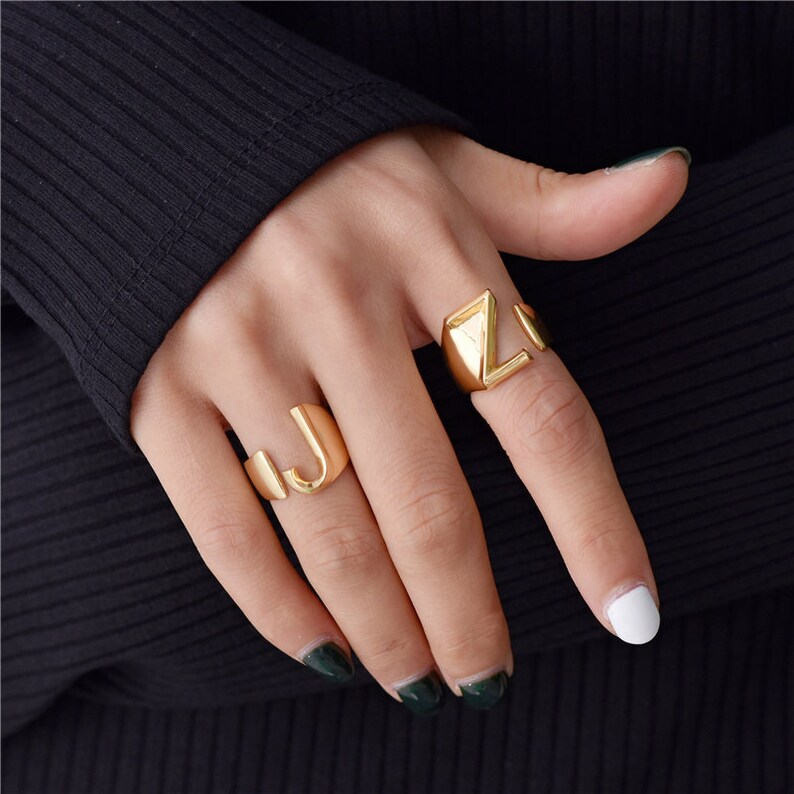 18K Initial Gold Ring Alphabet Ring Gold Stacking Ring Etsy