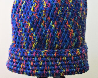 Blue Hat, Dark Blue Hat, Winter Hat, Crochet Hat, Knitted Hat, Woolly Hat, Warm Hat, Rainbow Hat, Winter Warmer, Funky Hat, Men's Hat