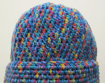 Blue Hat, Multicoloured Hat, Winter Hat, Crochet Hat, Knitted Hat, Woolly Hat, Warm Hat, Rainbow Hat, Large Hat, Funky Hat, Festival Hat