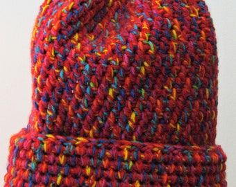 Red Hat, Rainbow Hat, Winter Hat, Crochet Hat, Knitted Hat, Woolly Hat, Warm Hat, Multicoloured Hat, Winter Warmer, Funky Hat, Chunky Hat