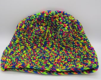 Psychedelic Rainbow Crocheted Hat, Winter Hat, Large Hat, Crochet Hat, Knitted Hat, Woolly Hat, Warm Hat, Rainbow Hat, Festival Hat, Winter