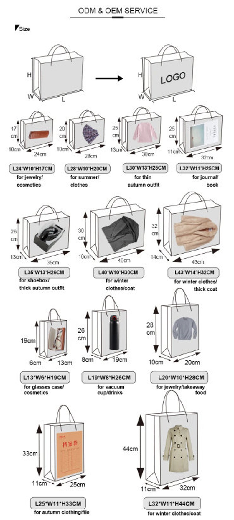May include: Diagram of various white paper shopping bags with dimensions in centimeters. Bags are shown with example contents like cosmetics, clothes, and books. The bags vary in size, with the largest being 43cm x 14cm x 32cm.