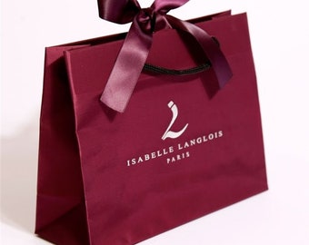 500pcs burgundy screen printing logo ribbon bow nylon rope handle shopping gift coated paper packing bag
